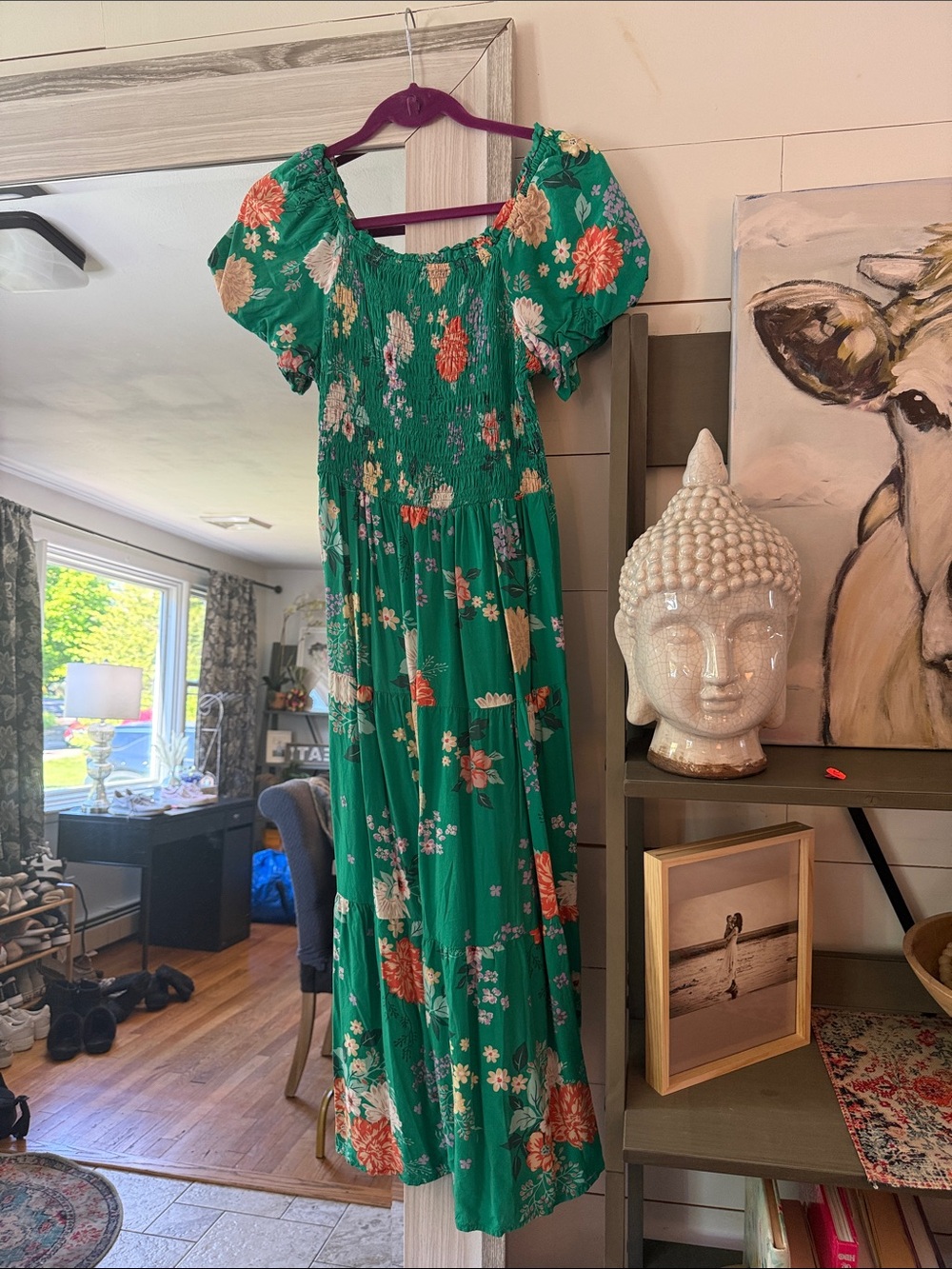 Green Floral Puff-Sleeve Maxi Dress